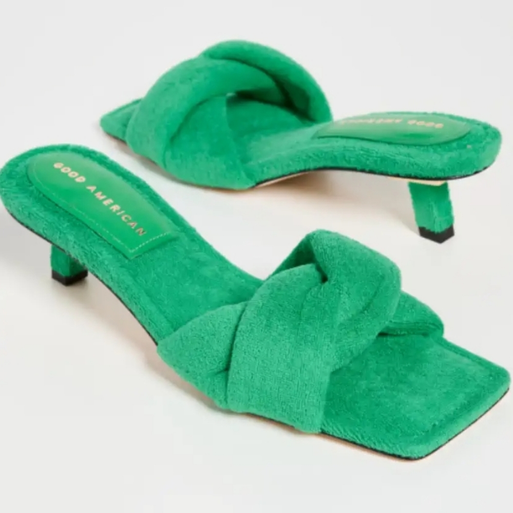 NWT Good American Terry Kickstand Mules, Size 8.5, Color Green